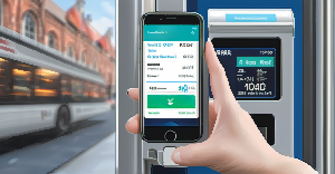 A close-up of a user tapping their smartphone on a smart ticketing terminal at a modern bus station.