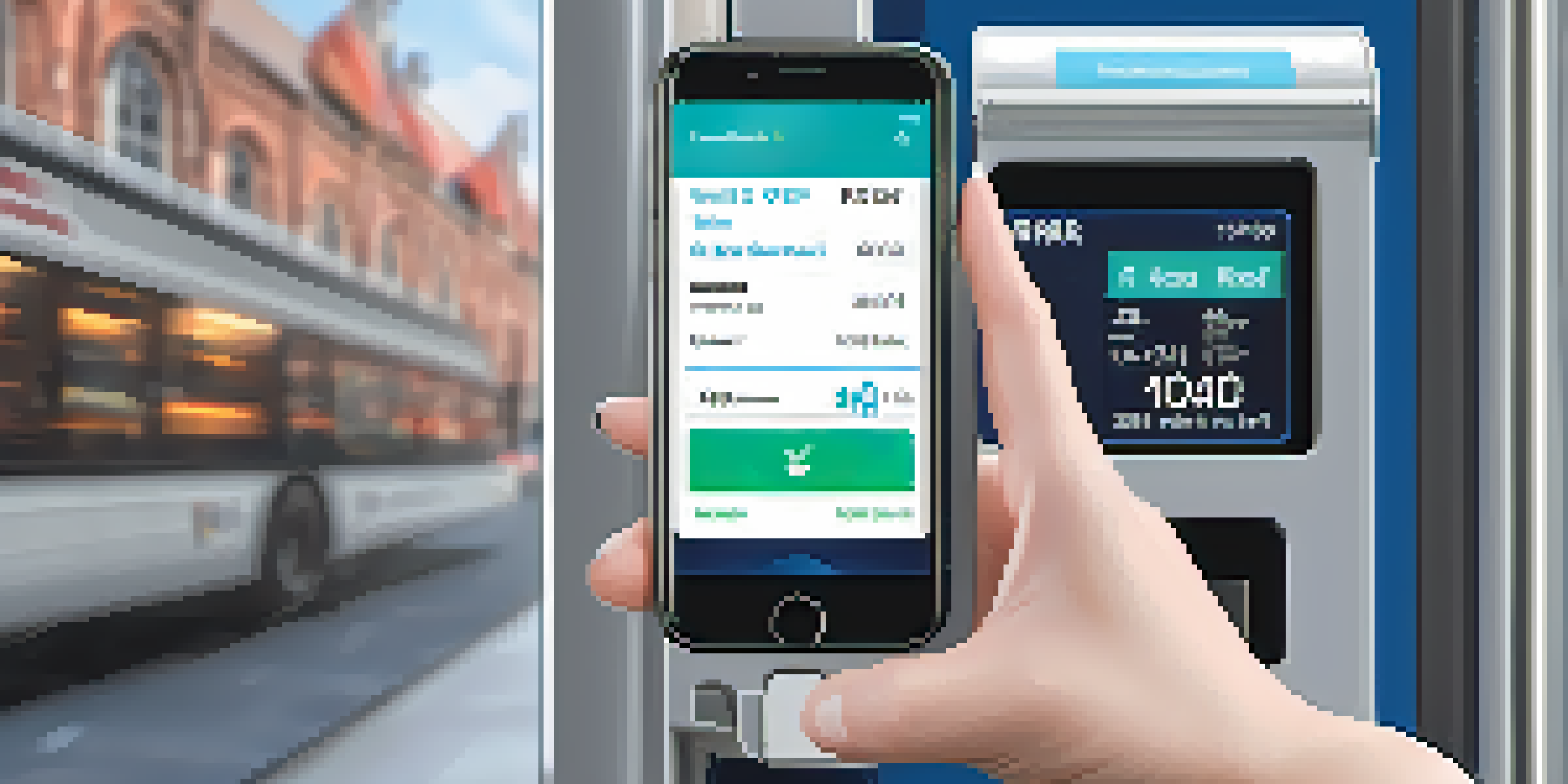 A close-up of a user tapping their smartphone on a smart ticketing terminal at a modern bus station.