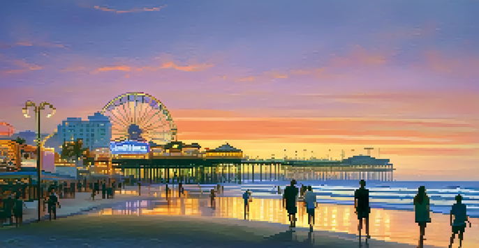 A sunset scene at Santa Monica Beach with golden sands, gentle waves, and the Santa Monica Pier in the background.