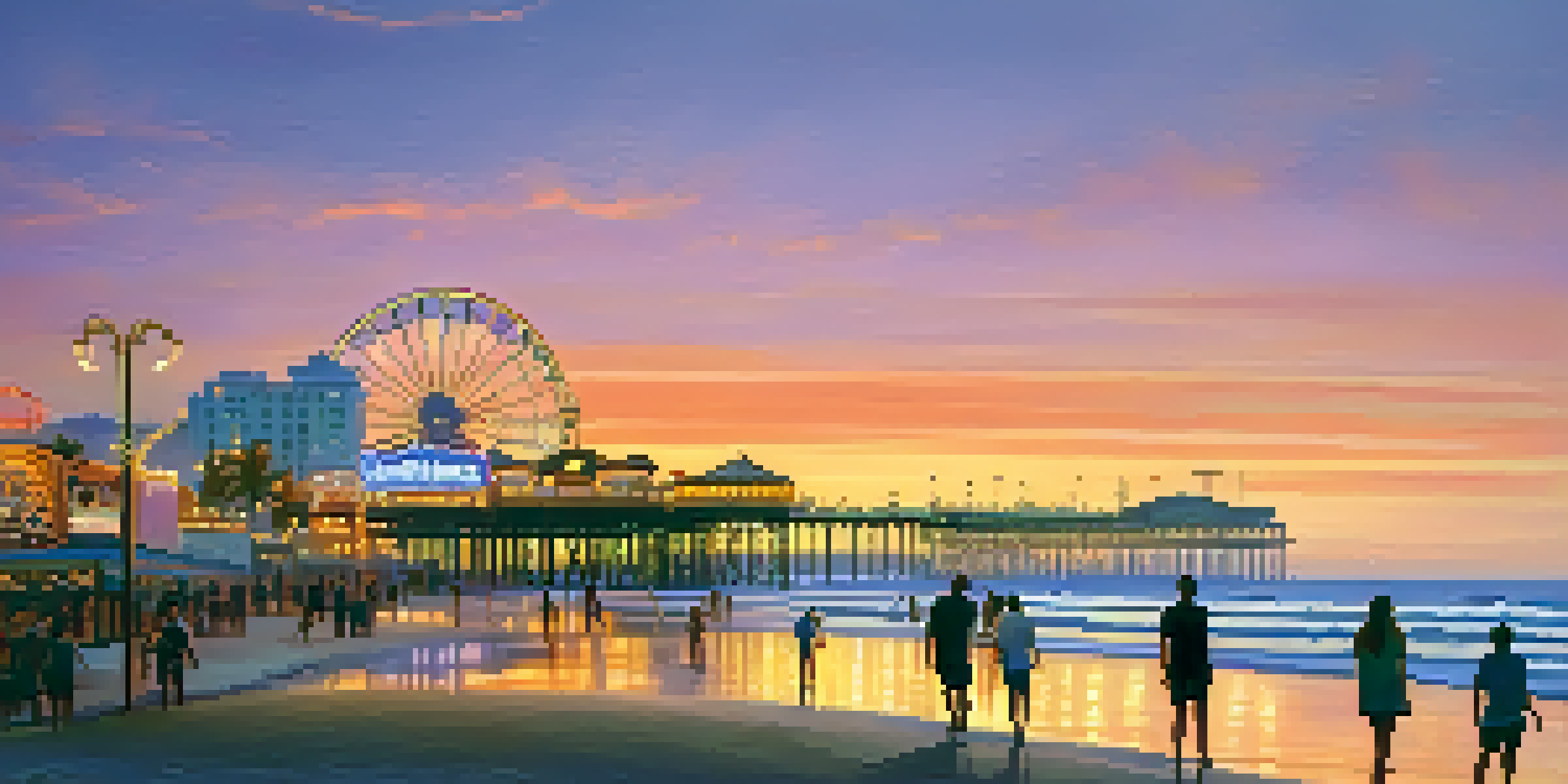 A sunset scene at Santa Monica Beach with golden sands, gentle waves, and the Santa Monica Pier in the background.