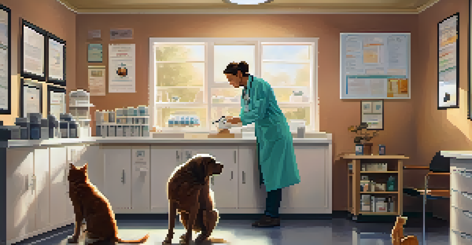 A veterinarian examining a small dog in a cozy clinic, with a cat observing from a shelf.