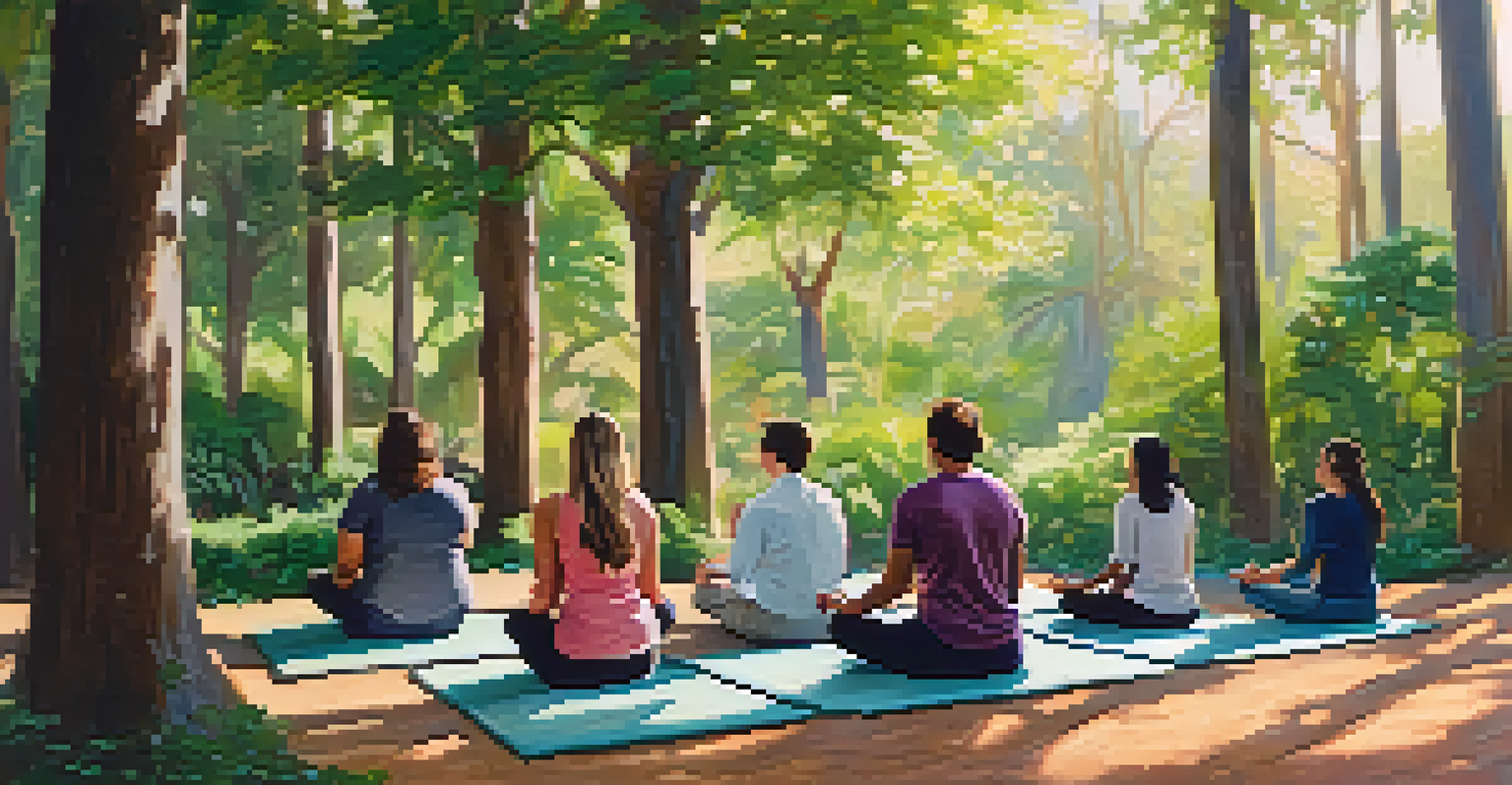 A tranquil outdoor scene in Santa Monica where a group of people is participating in a guided meditation session, surrounded by greenery and filtered sunlight.