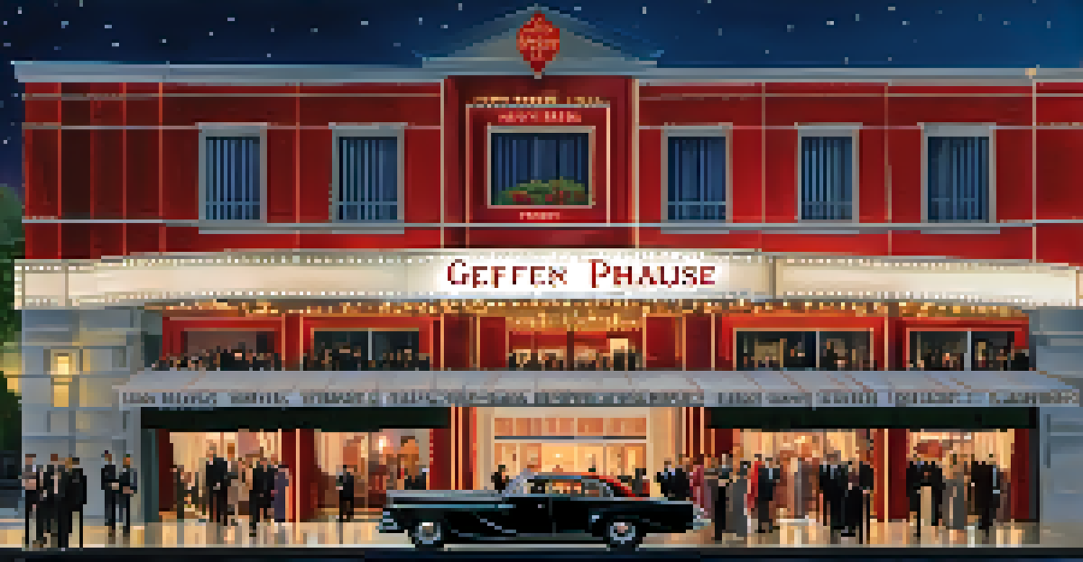 The exterior of The Geffen Playhouse during a red carpet event, showcasing its modern architecture and marquee sign.