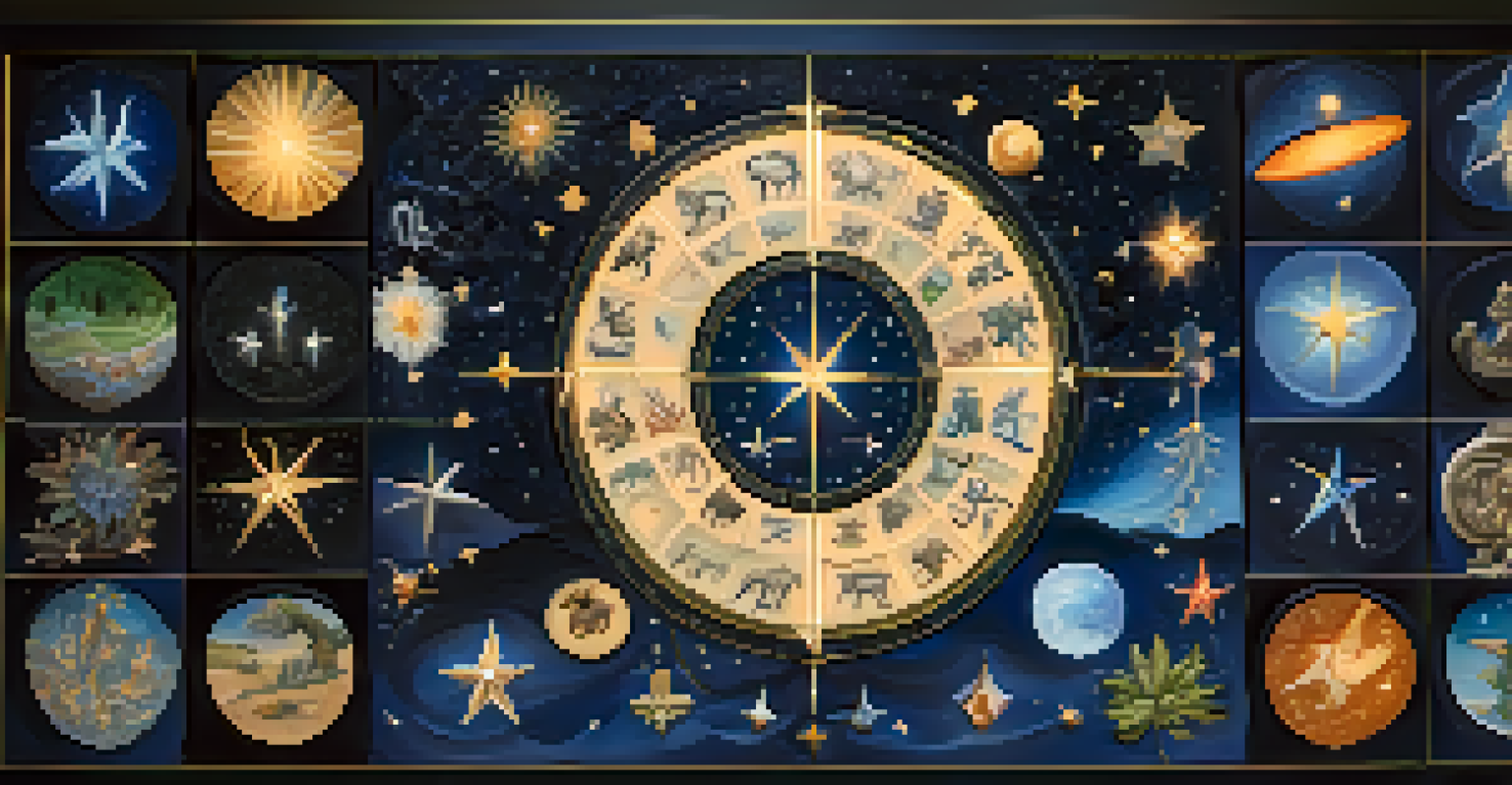 Artistic depiction of the twelve zodiac signs intertwined with nature elements against a starry night sky.