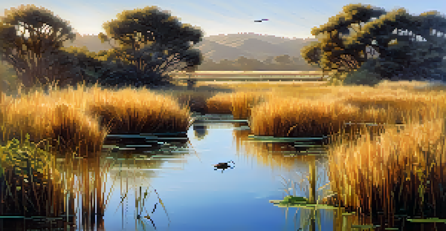 A tranquil wetland habitat in Santa Monica with birds, amphibians, and lush vegetation reflecting the morning light.
