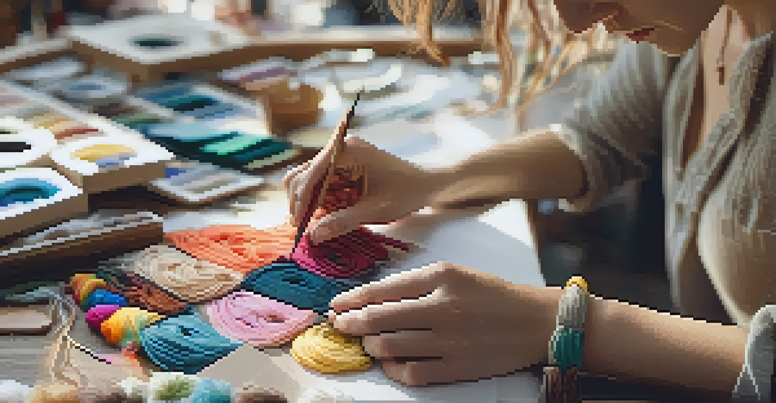 A close-up of a designer's hands creating a sustainable fashion piece, with colorful threads and fabric swatches in a well-lit workspace.