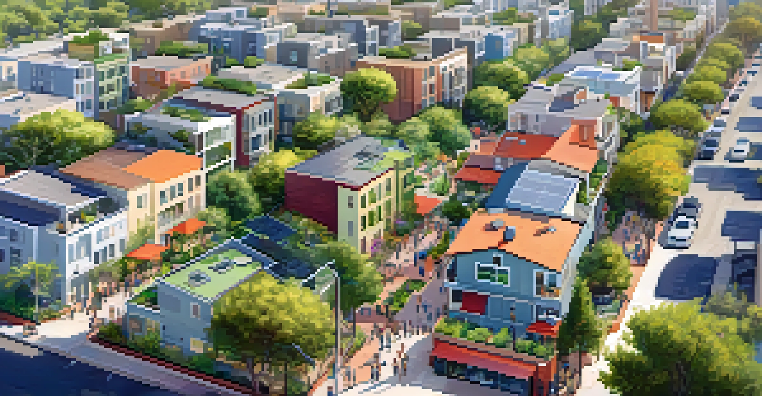 An aerial view of a Santa Monica neighborhood with sustainable buildings and families enjoying outdoor spaces.