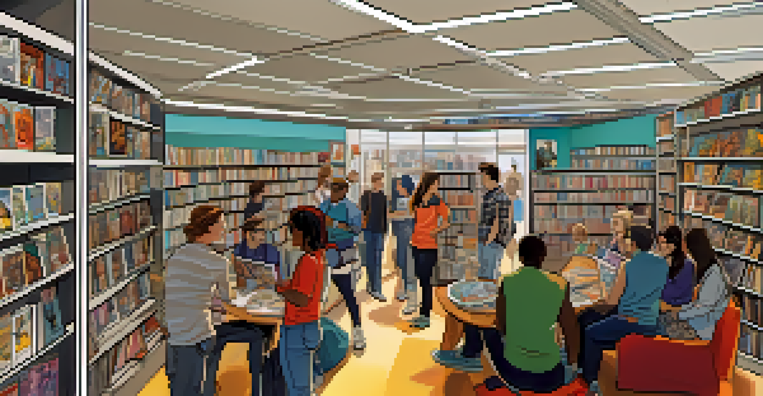 A lively graphic novel club meeting in a modern bookstore, with members discussing colorful comics and art displayed on a screen.
