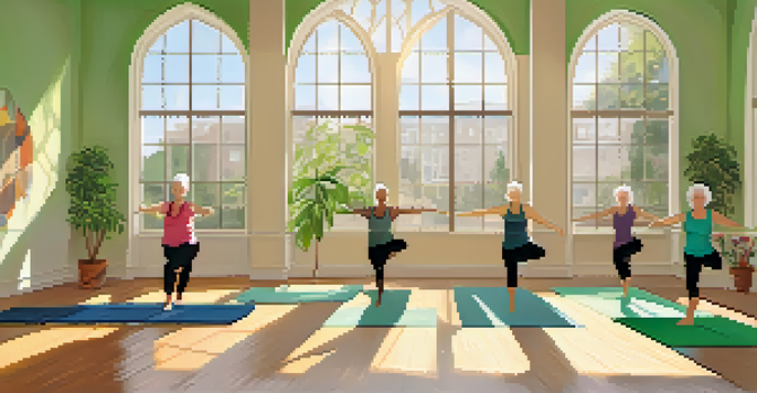 Seniors practicing yoga in a bright, sunlit room at the Santa Monica Senior Center, with large windows and green plants.