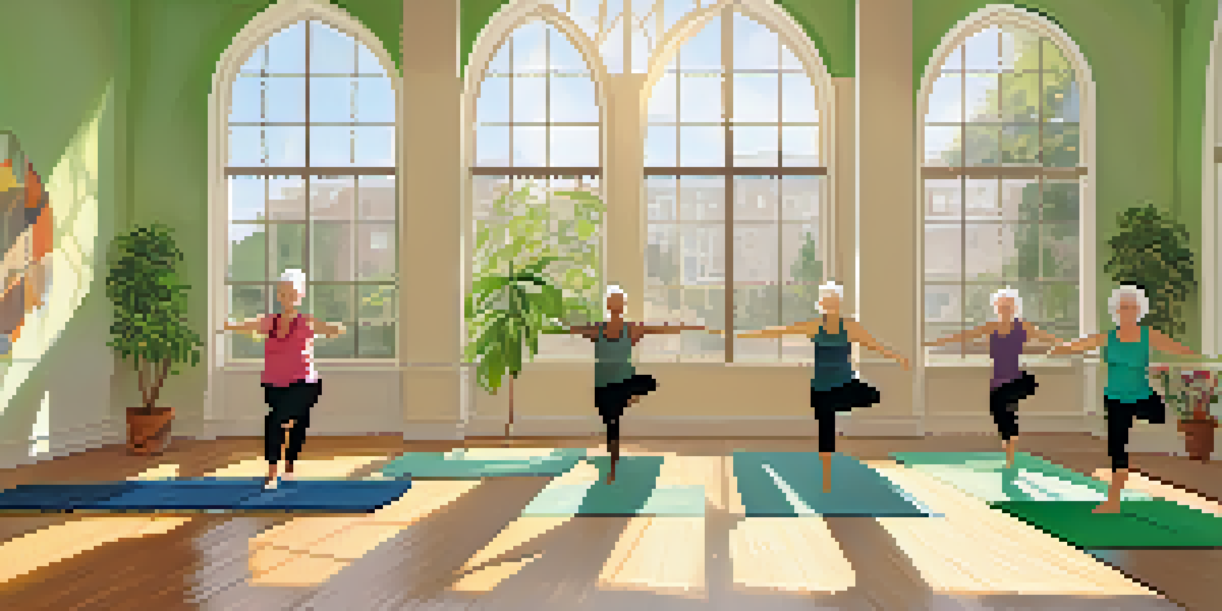 Seniors practicing yoga in a bright, sunlit room at the Santa Monica Senior Center, with large windows and green plants.