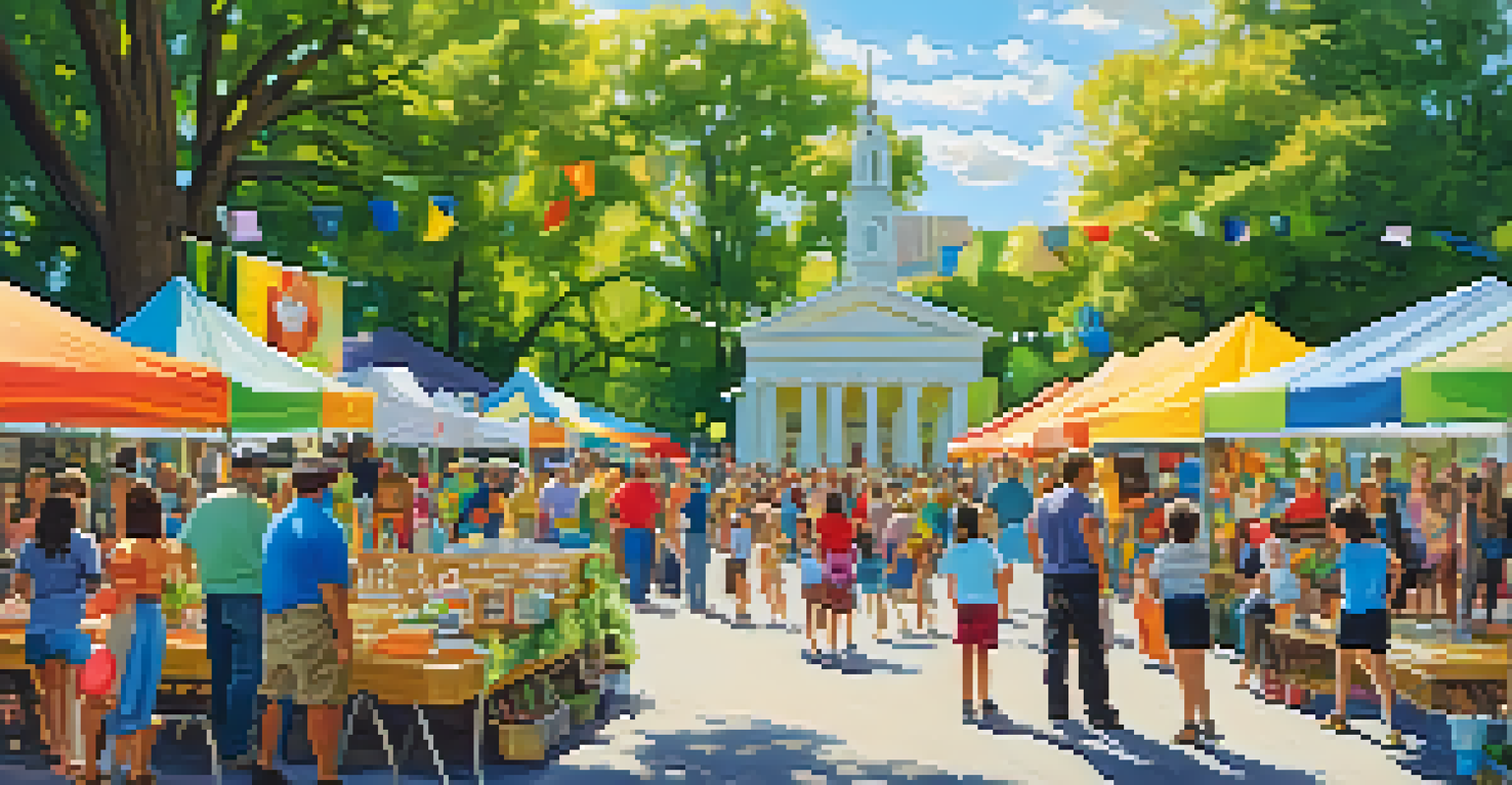 A community art event in a sunny park with local artists, families, and colorful booths.