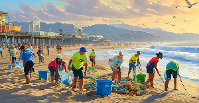 A group of diverse volunteers participating in a beach clean-up at Santa Monica Beach, with the pier in the background and the sun shining.