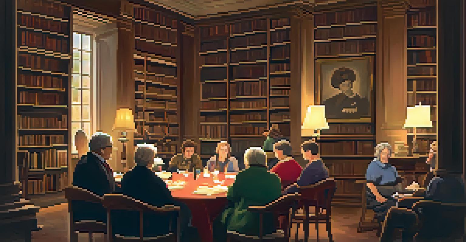 A cozy library scene where an elder shares stories with an audience of children and adults, surrounded by historical photographs and warm lighting.