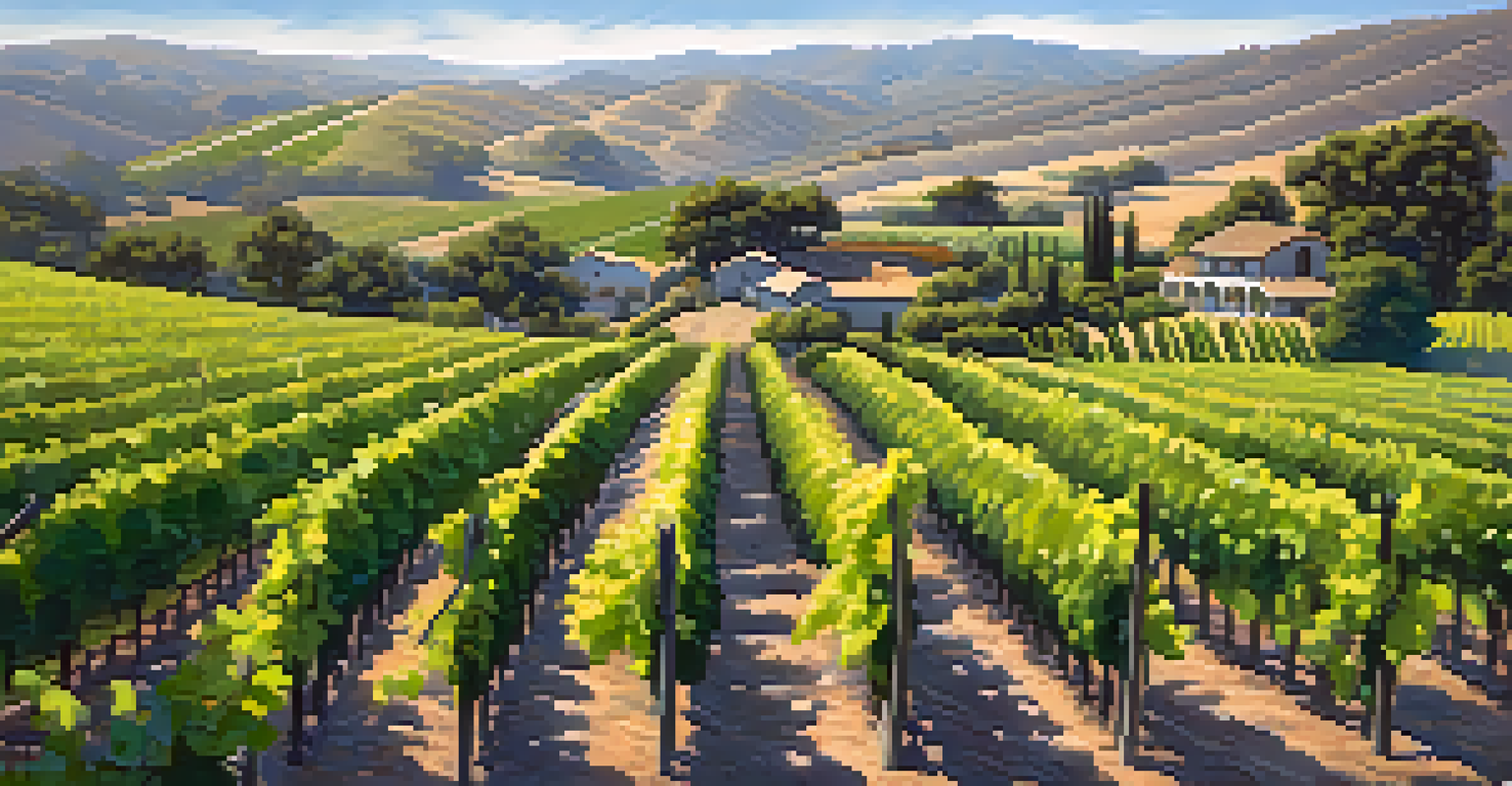 A beautiful vineyard in the Santa Ynez Valley with rows of grapevines and rolling hills under a clear blue sky.