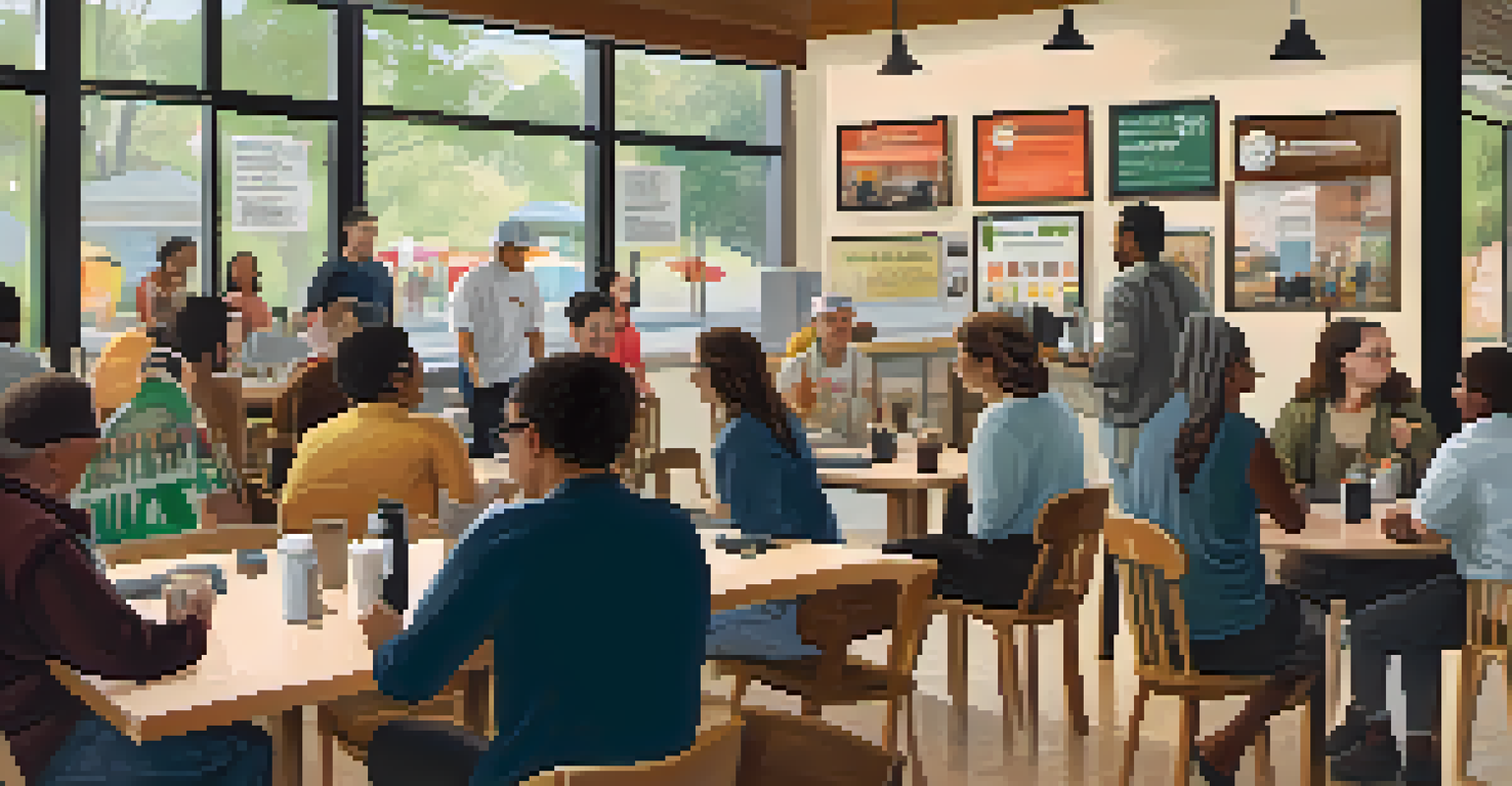 Residents participating in a safety workshop at a local coffee shop, with coffee being served and community flyers on display.
