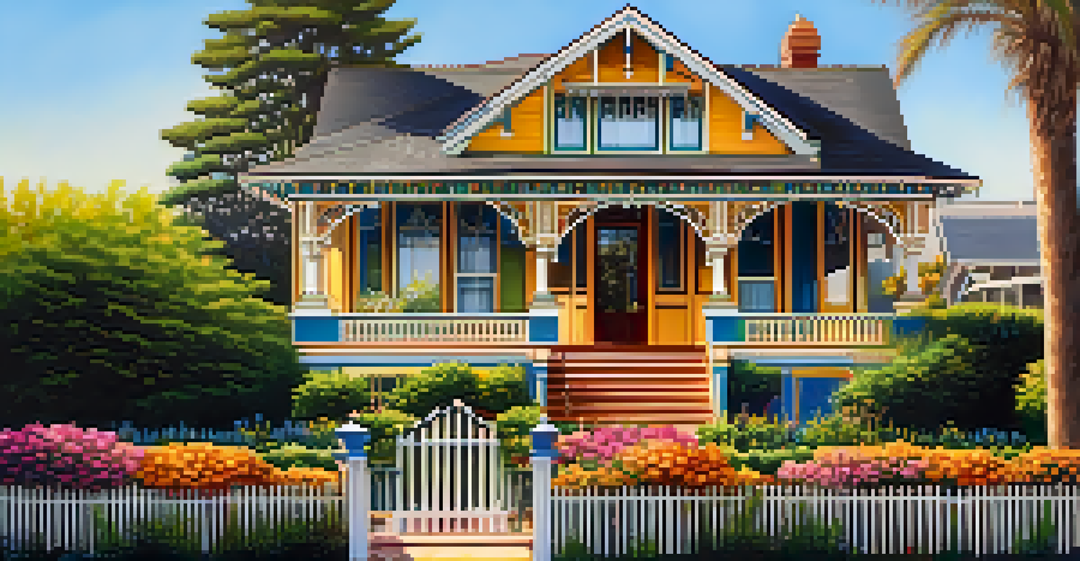 A beautiful Victorian bungalow with intricate woodwork and a wrap-around porch, surrounded by colorful flowers and greenery.