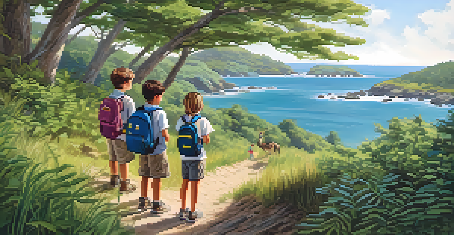 Children exploring a coastal nature trail during summer camp, observing wildlife and taking notes, with lush greenery and the ocean visible.