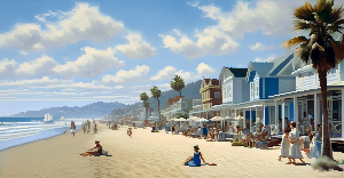 A nostalgic view of Santa Monica Beach in the early 1900s with small cottages and families enjoying the sun.