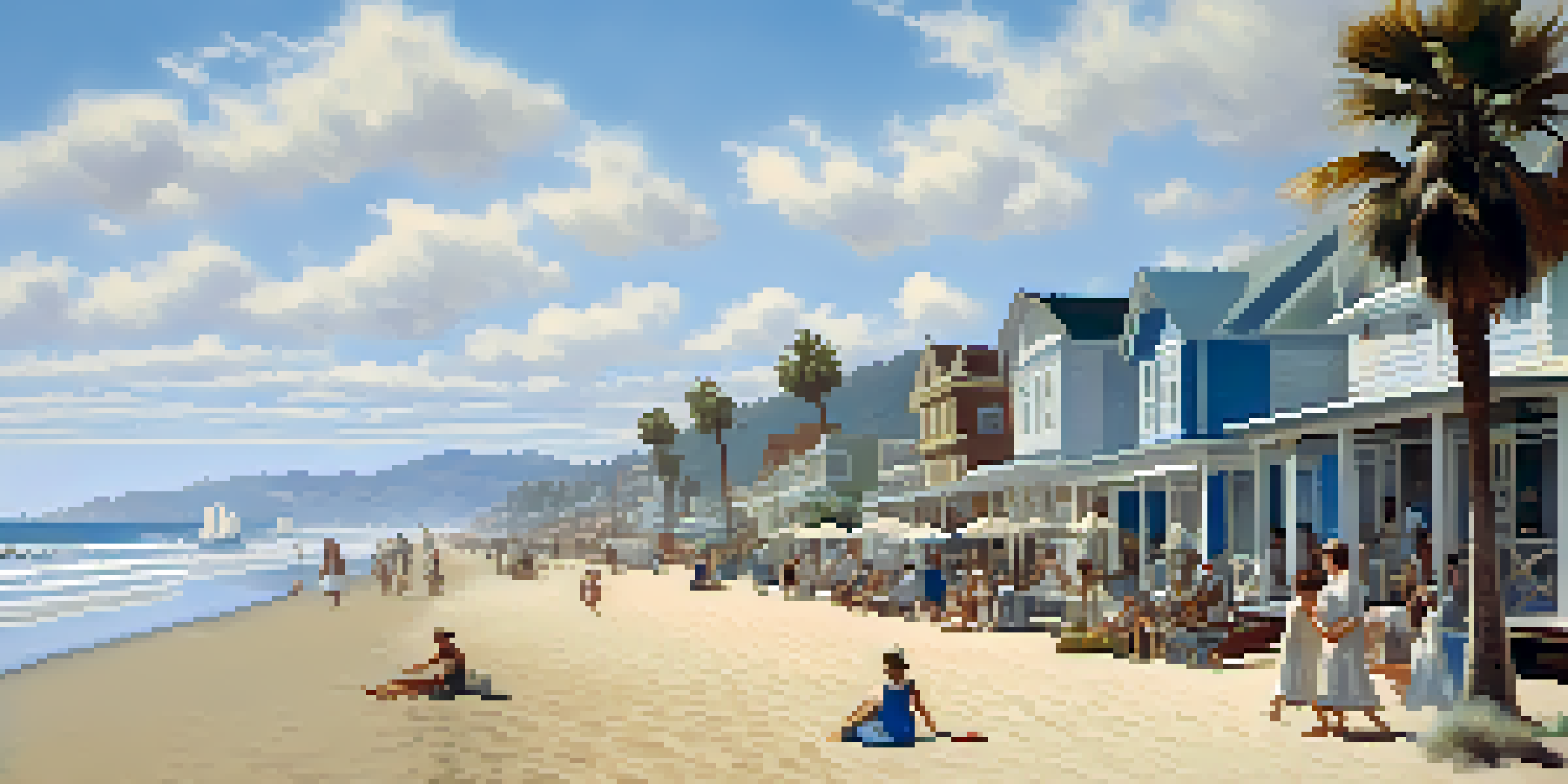 A nostalgic view of Santa Monica Beach in the early 1900s with small cottages and families enjoying the sun.