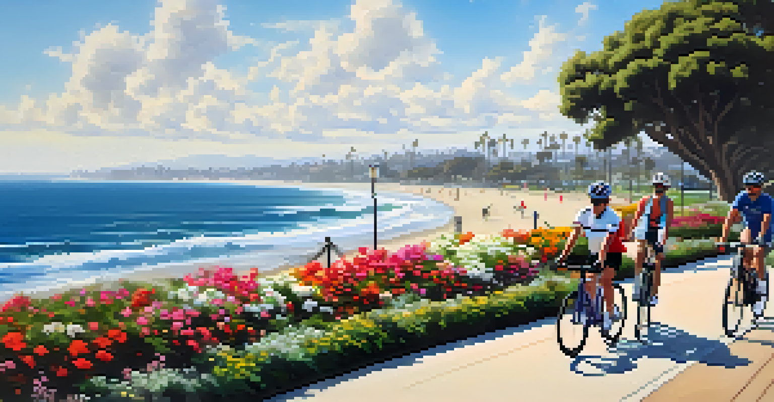Cyclists riding along the oceanfront path in Santa Monica, with greenery and the ocean in the background.