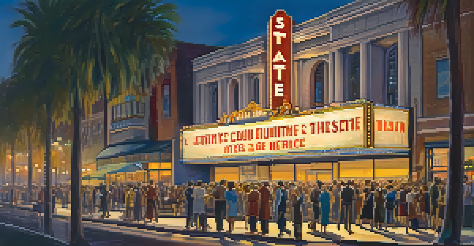 An artistic depiction of a local theater in Santa Monica during the Great Depression, with illuminated marquee lights and a bustling street outside.