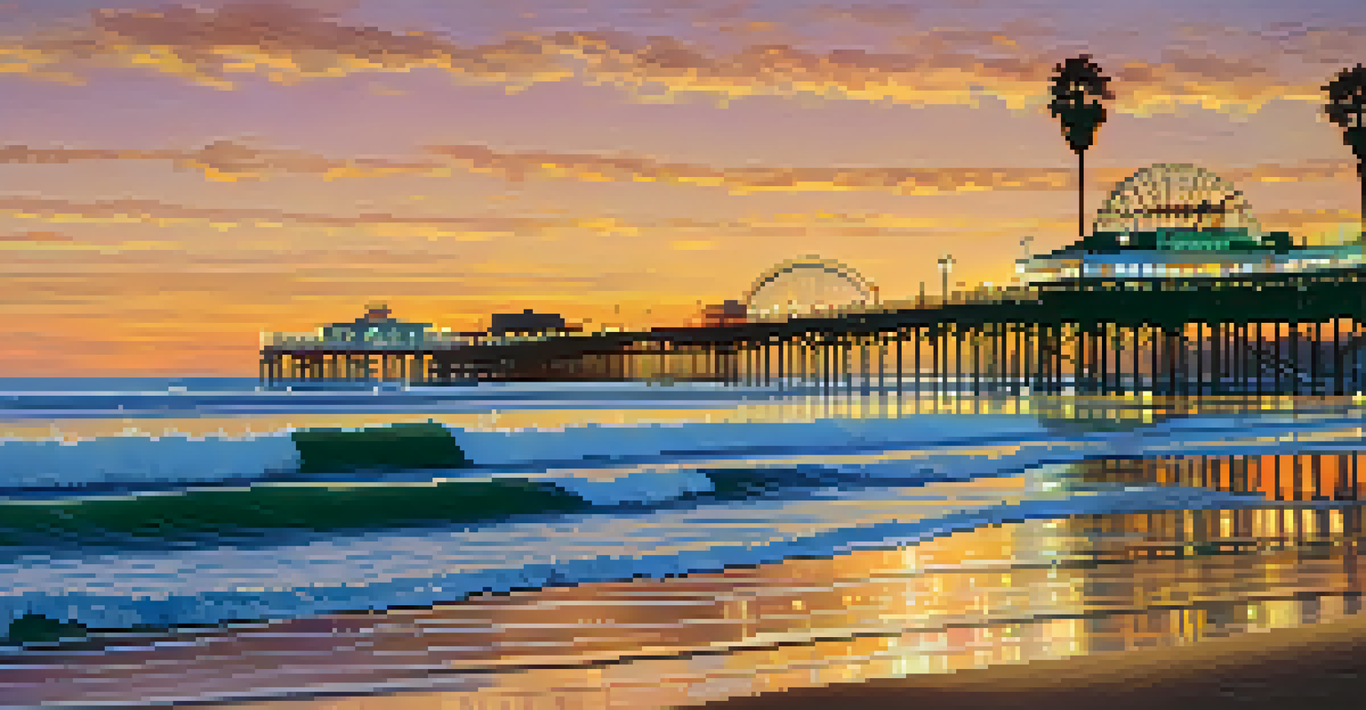 A scenic beach view in Santa Monica during sunset, with palm trees and the Santa Monica Pier in the background.