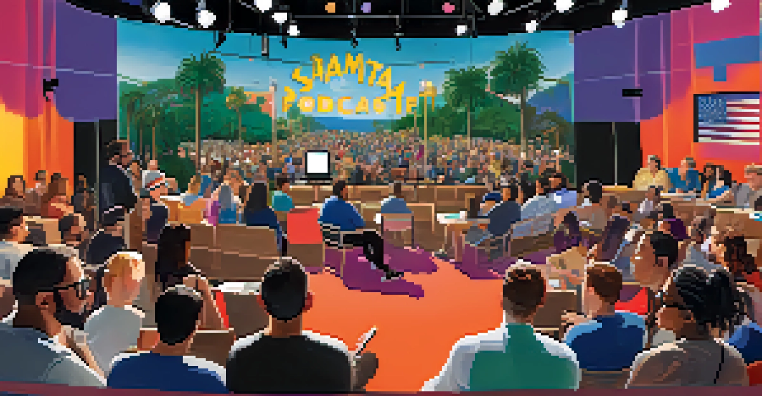 A live podcast event at the Santa Monica Podcast Festival with a diverse panel and an engaged audience, under vibrant stage lighting.