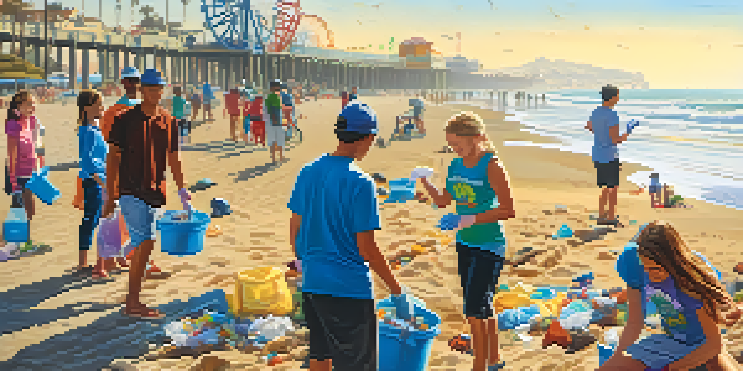 Volunteers of various backgrounds participating in a coastal clean-up at Santa Monica Beach, with the Santa Monica Pier in the background.