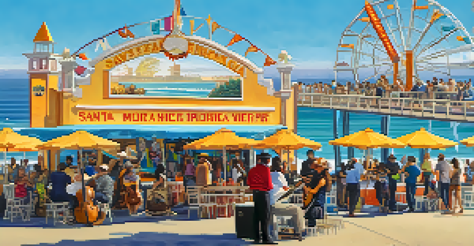 A lively performance scene at Santa Monica Pier with a musician and magician entertaining a crowd, surrounded by colorful stalls and ocean waves.