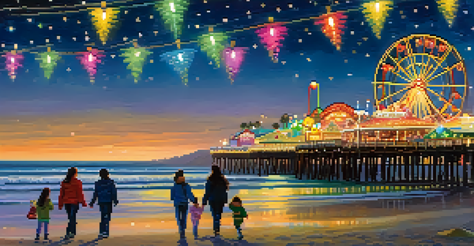 A vibrant image of Santa Monica Pier decorated with colorful lights, featuring families walking along the beach in a festive winter atmosphere.