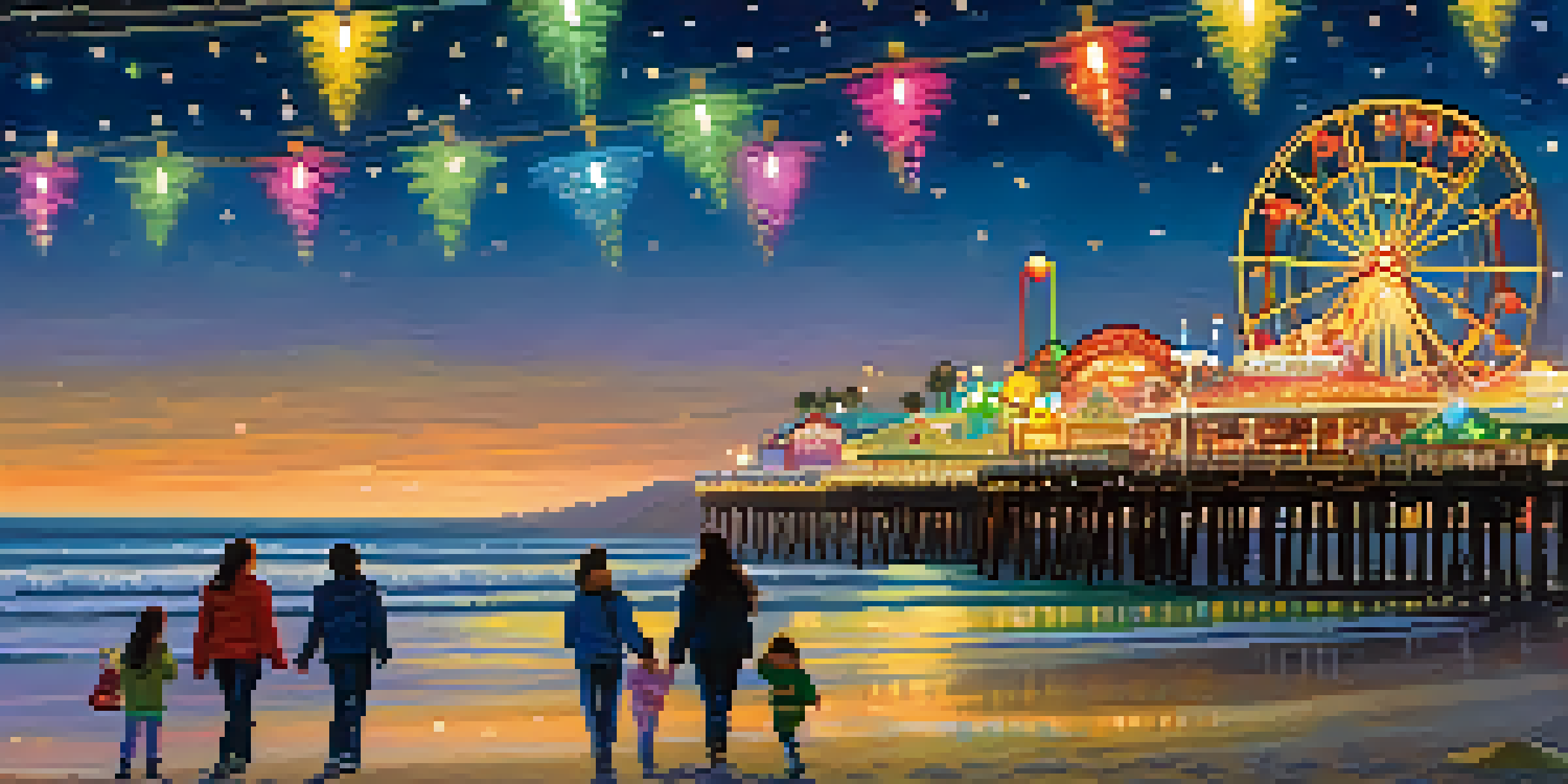 A vibrant image of Santa Monica Pier decorated with colorful lights, featuring families walking along the beach in a festive winter atmosphere.