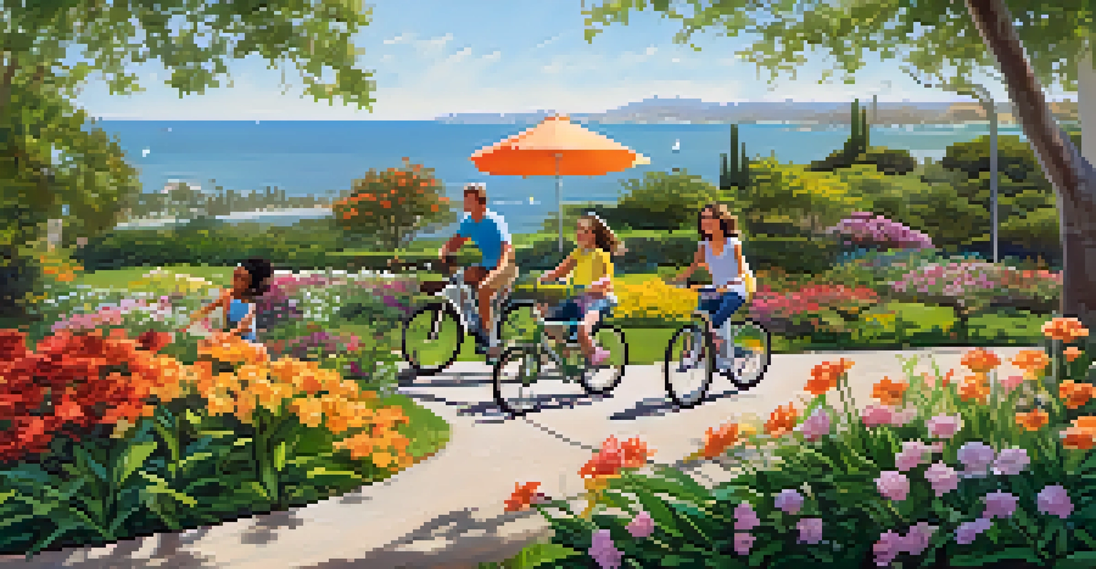 A family biking through Palisades Park, enjoying the gardens and ocean views.
