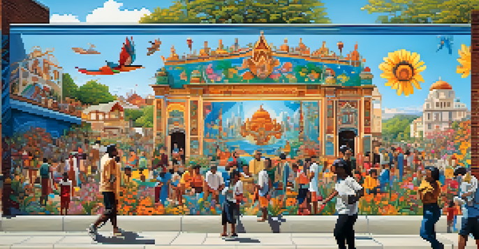 A colorful mural showcasing a diverse community engaging in art, with artists and families amidst a backdrop of flowers and a blue sky.
