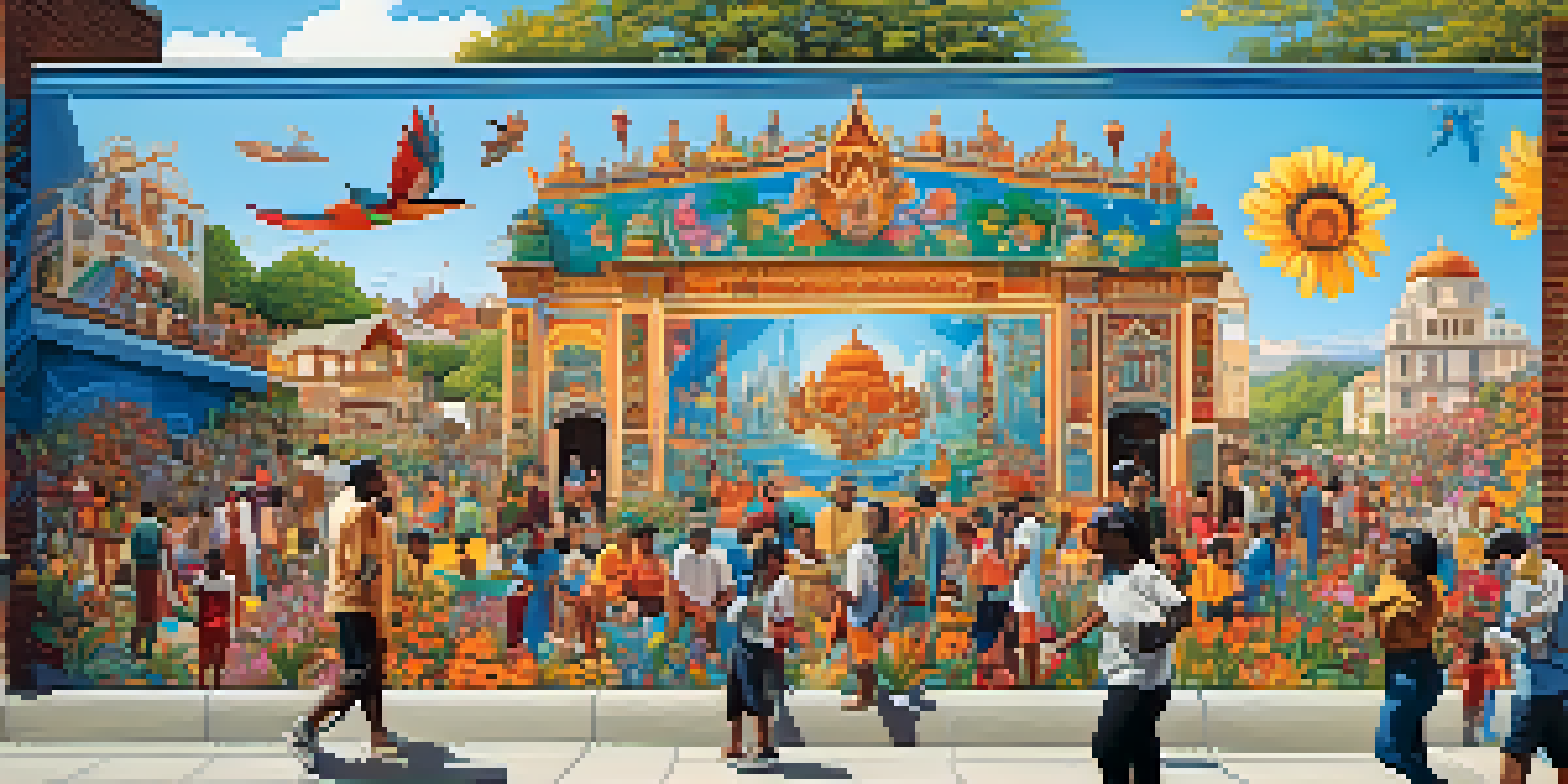 A colorful mural showcasing a diverse community engaging in art, with artists and families amidst a backdrop of flowers and a blue sky.