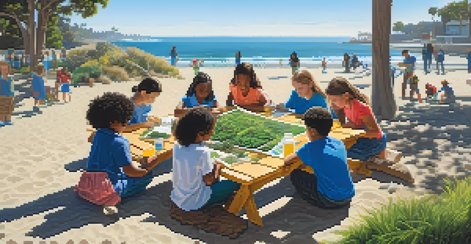 A diverse group of students learning about environmental science outdoors, with the ocean in the background and bright sunlight.