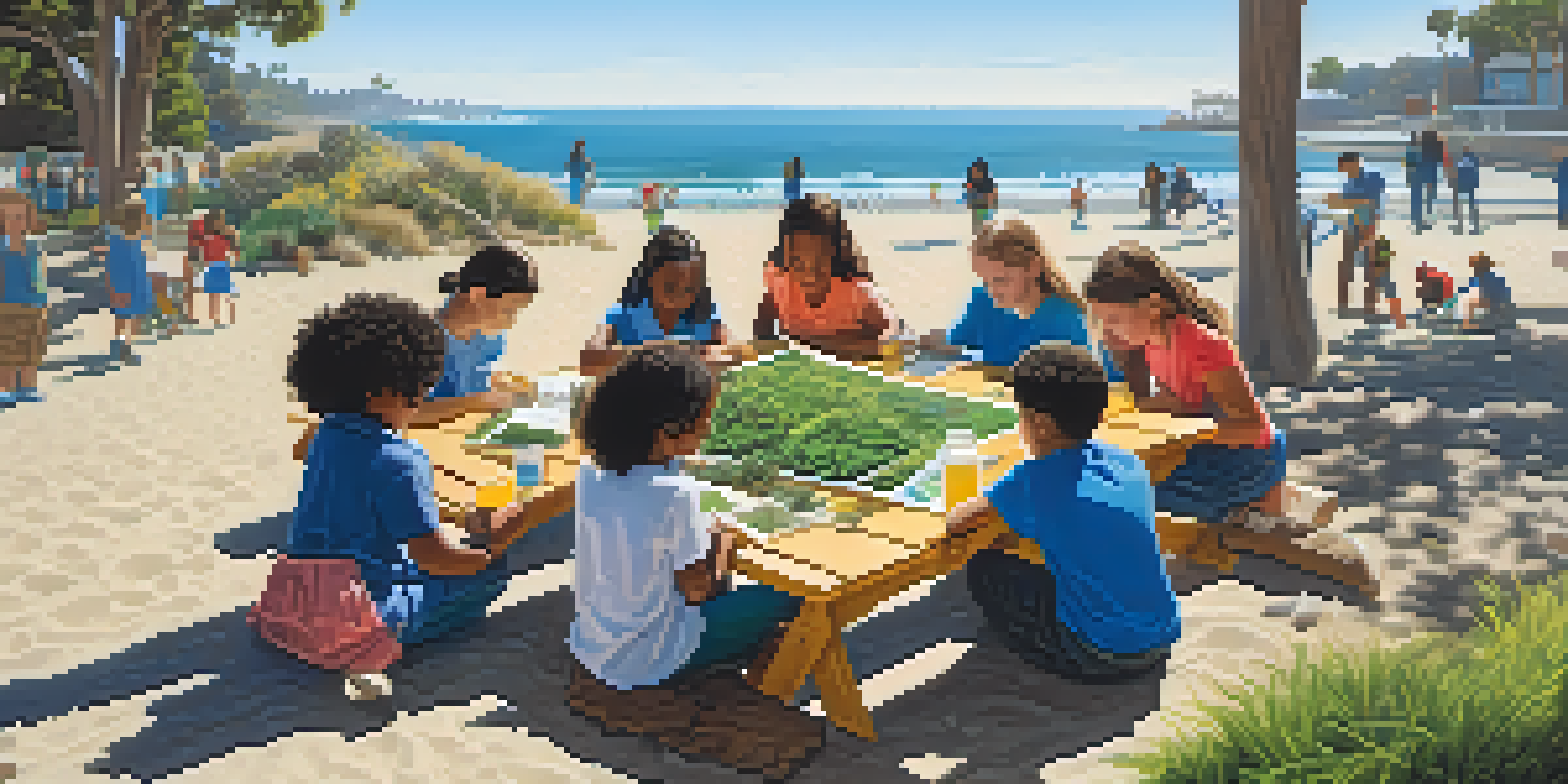 A diverse group of students learning about environmental science outdoors, with the ocean in the background and bright sunlight.