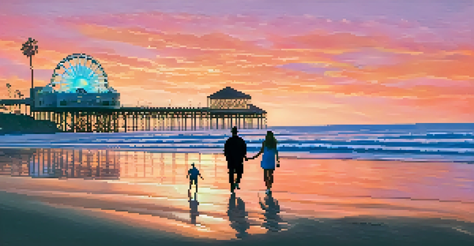 A beautiful sunset at Santa Monica beach with a couple walking along the shore and the pier in the background.