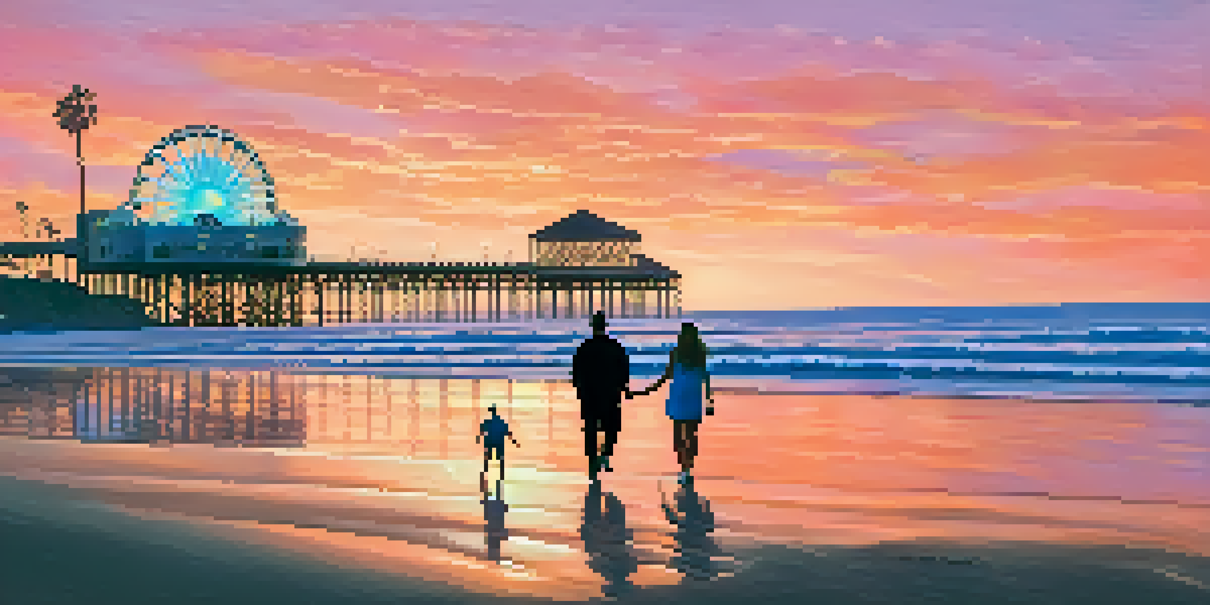 A beautiful sunset at Santa Monica beach with a couple walking along the shore and the pier in the background.