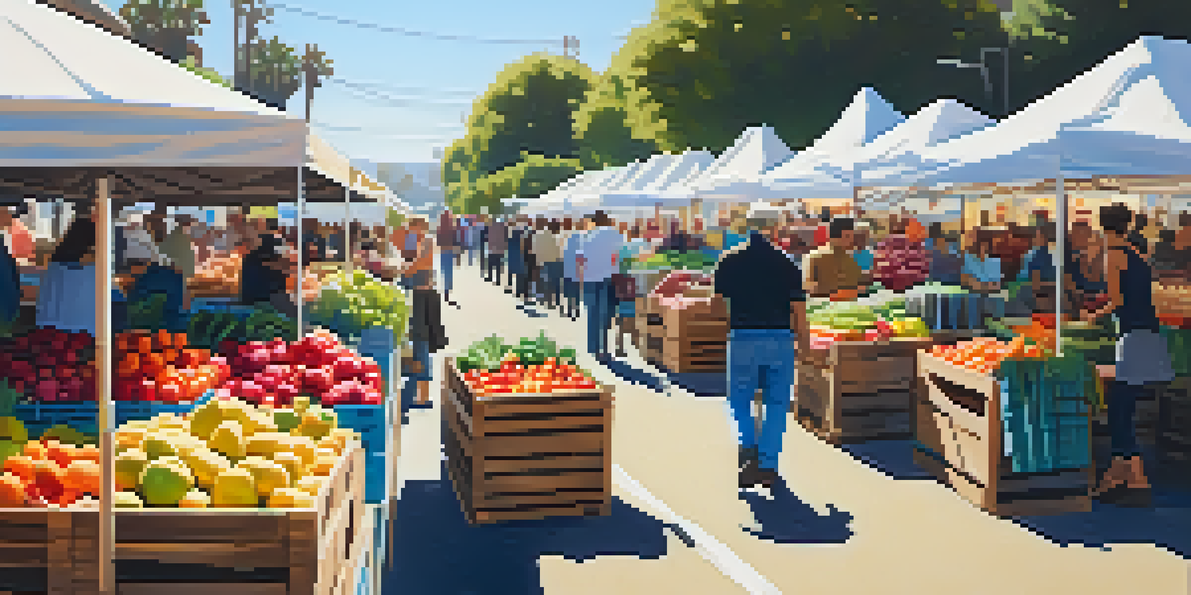 A bustling farmers market filled with colorful fresh produce, local farmers, and a sunny atmosphere.