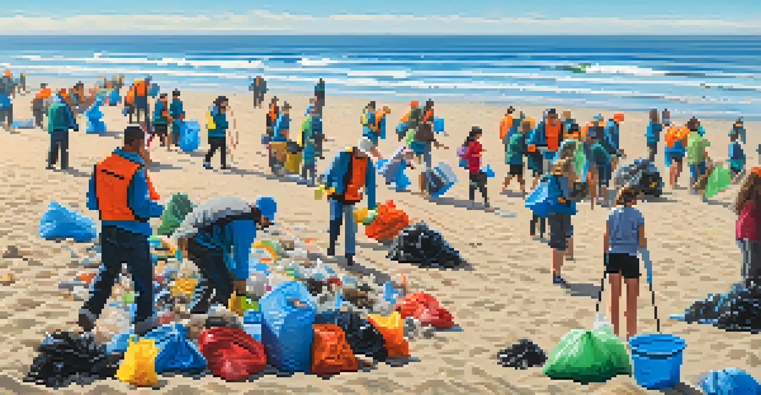 Volunteers cleaning up Santa Monica beach, featuring colorful bags and litter on the sandy shore with ocean waves in the background.