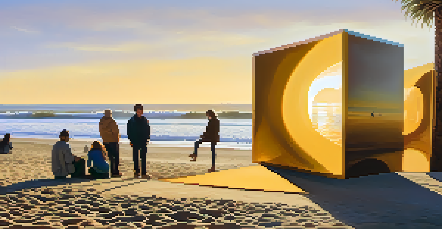 An outdoor art installation on Santa Monica beach at sunset, with sculptures and visitors enjoying the scenery.