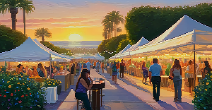 An outdoor art and wine festival in Santa Monica with colorful tents, local artists interacting with attendees, and a beautiful sunset casting a golden light.