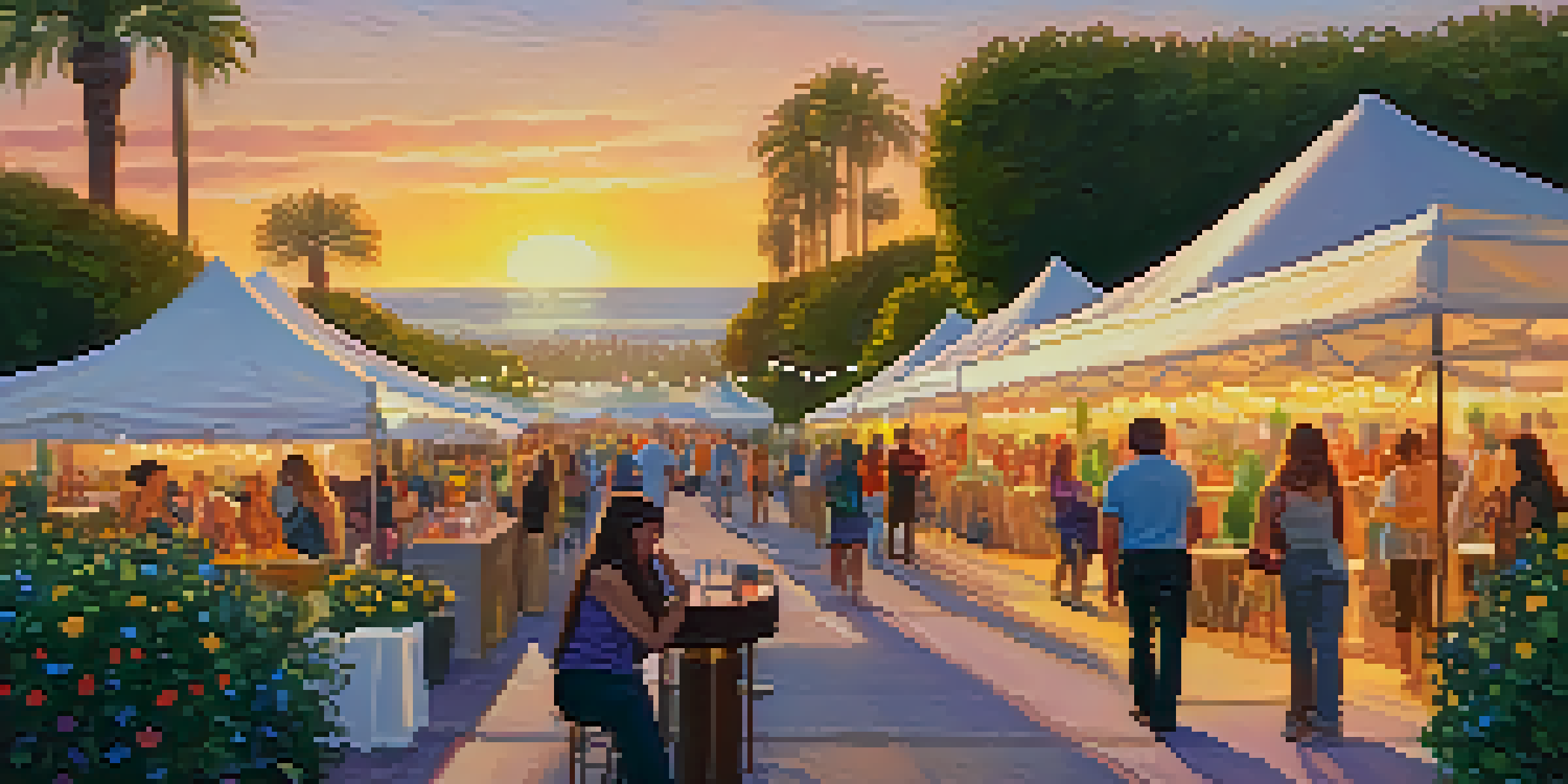 An outdoor art and wine festival in Santa Monica with colorful tents, local artists interacting with attendees, and a beautiful sunset casting a golden light.