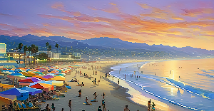 A beautiful sunset view of Santa Monica beach with colorful umbrellas, sunbathers, and the Santa Monica Pier in the background.