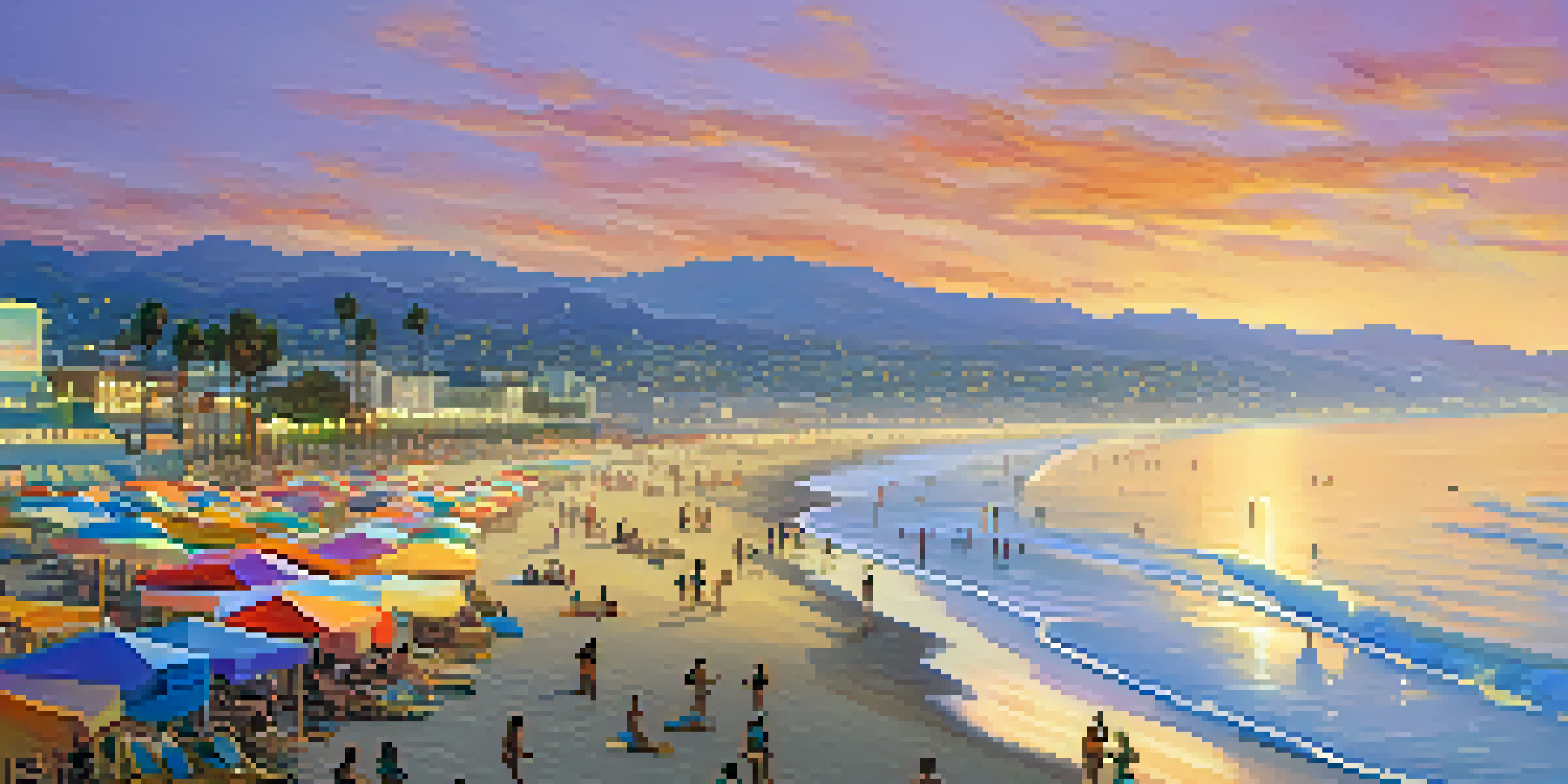 A beautiful sunset view of Santa Monica beach with colorful umbrellas, sunbathers, and the Santa Monica Pier in the background.