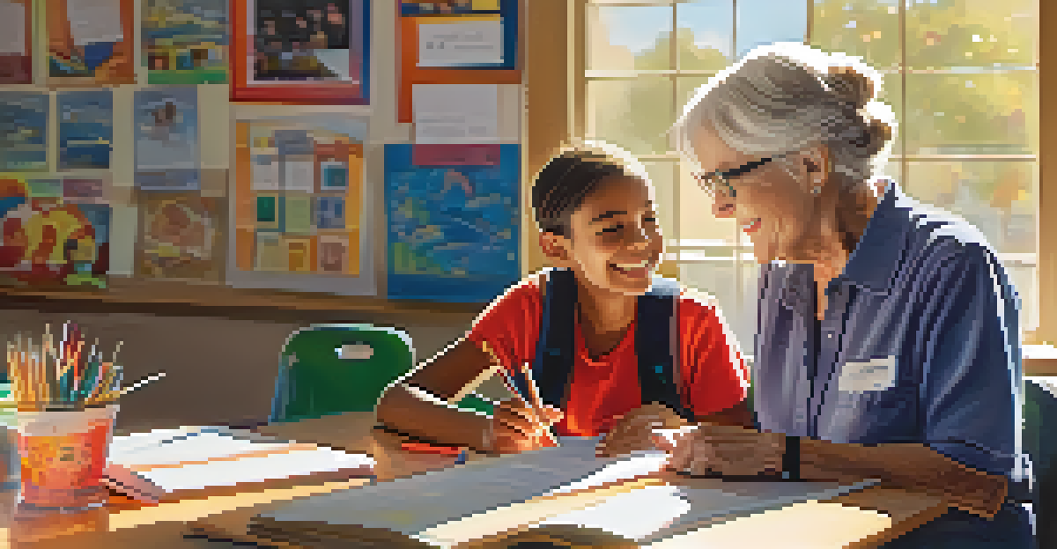 A retired teacher mentoring a young student in a classroom in Santa Monica.