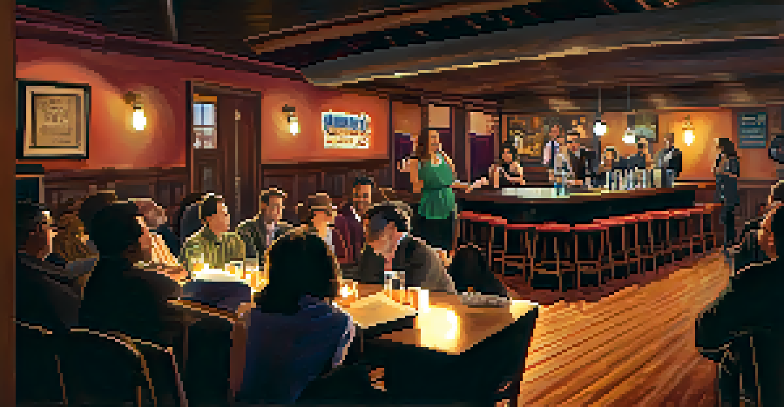 A comedian performing on stage in a cozy comedy club, with an audience laughing and a warm ambiance.