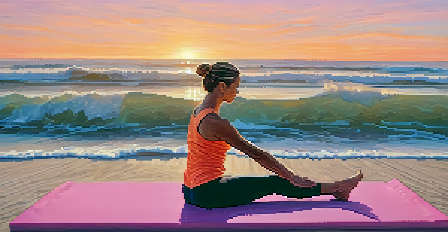 A person practicing Pilates on a beach mat at sunset with the ocean in the background.