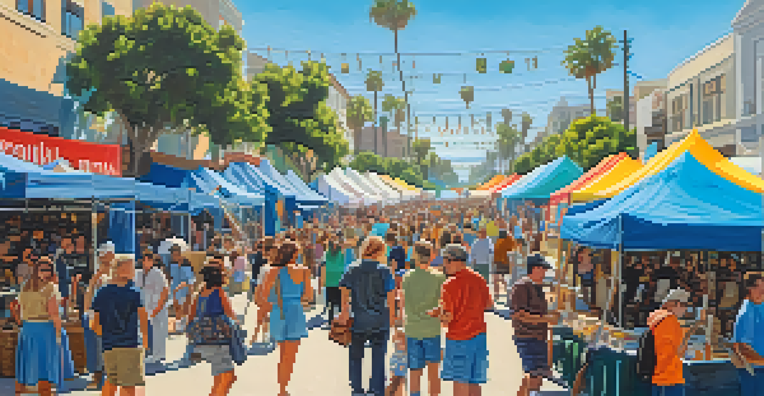 A lively Santa Monica ArtWalk event with local artists displaying their work and people enjoying the vibrant atmosphere.