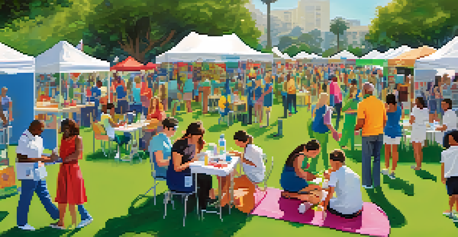 A health fair in a park in Santa Monica with multiple booths offering health screenings and wellness resources, attended by diverse community members.